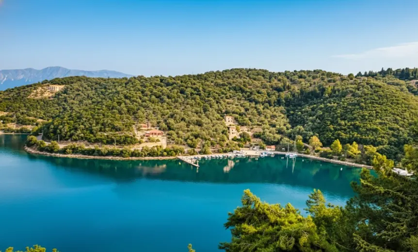 A green Meganisi bay with clear blue water and a small harbour